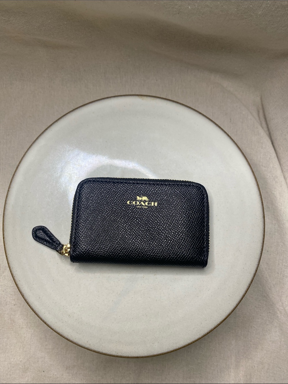 COACH Black Zip Card Case Wallet, Black with Gold Accents